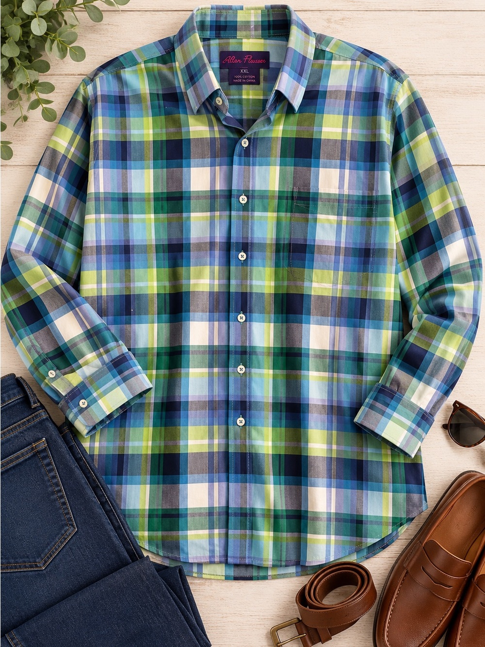 Alan Flusser Green, Blue & White Plaid Cotton Button-Down Shirt